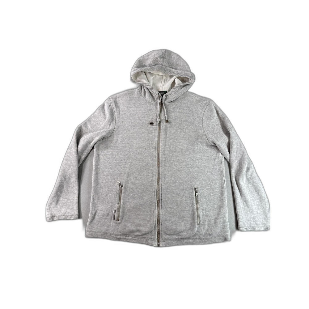 LAUREN RALPH Full Zip Hoodie L Gray 100% Cotton Regular Fit Long Sleeve